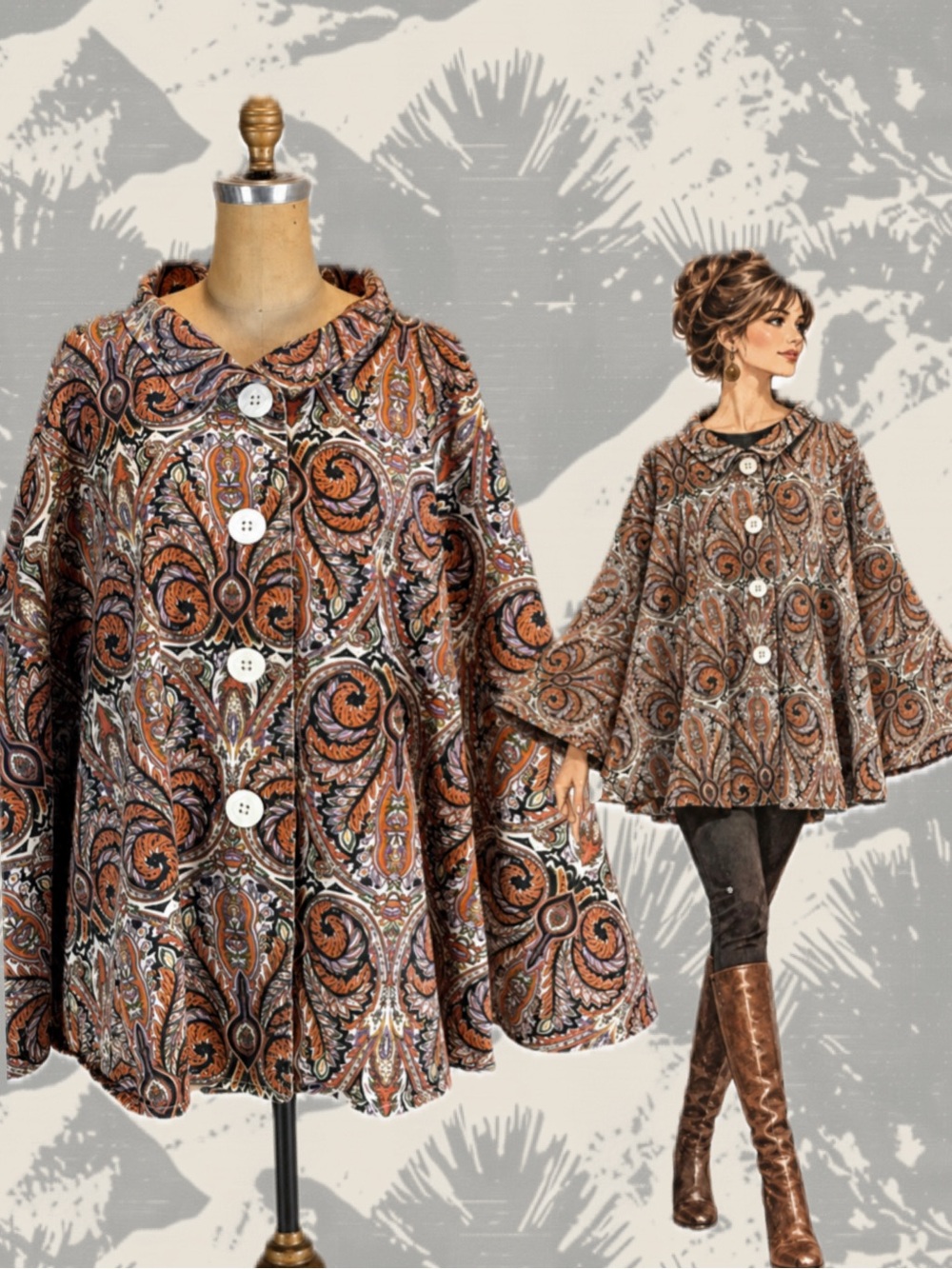 VINTAGE 70s paisley bohemian poncho cape layer jacket button front earthy artsy